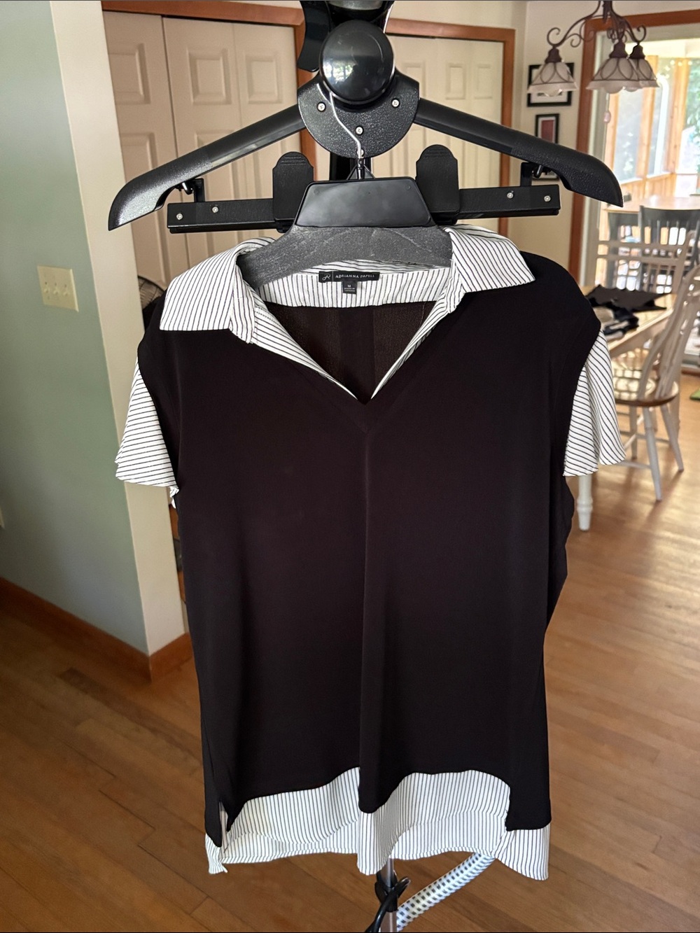 Adrianna Papell Black Layered-Look Button Down Top with White Pinstripes